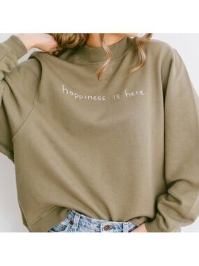 Kristin Johns Happiness Is Here Crewneck Sweatshirt Olive Green Size Large/XL